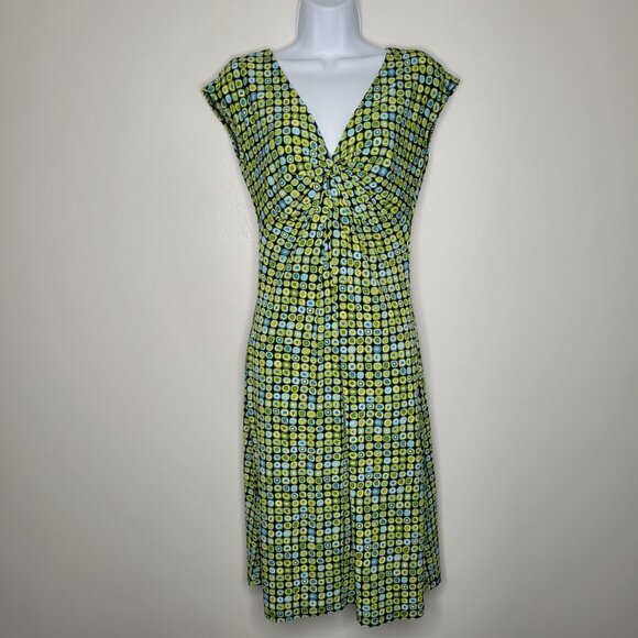 Vintage 90s y2k green blue geometric print mod 70s vibe v neck midi dress size 8 - Picture 1 of 6